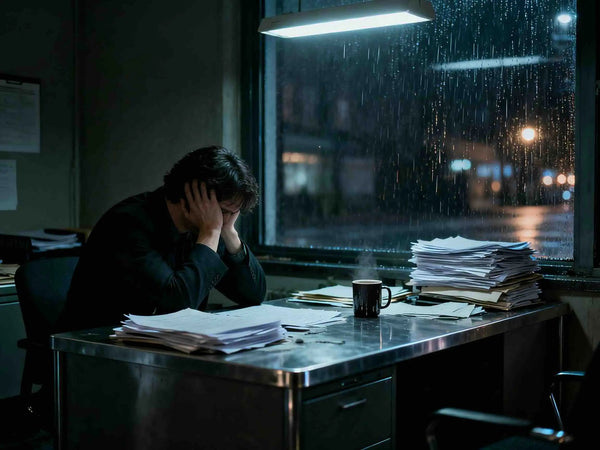 A male, working in the office, exhibiting the signs of burnout at work