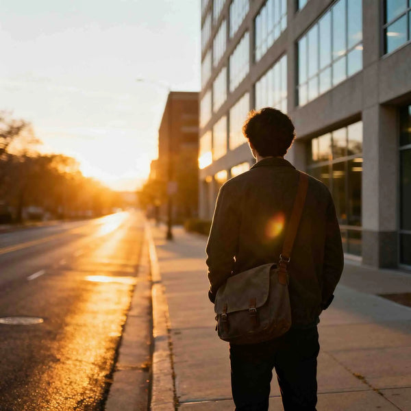 A person leaving the office, and about to embark on an adventure