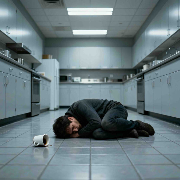 A person in the office kitchen, they are physically sick