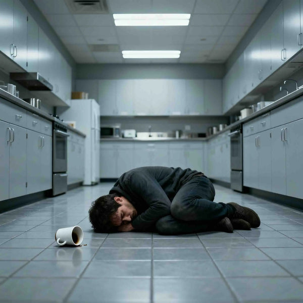 A person in the office kitchen, they are physically sick