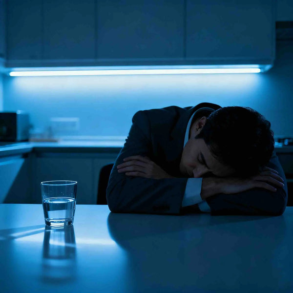 A person asleep on a table, saying work is making me depressed