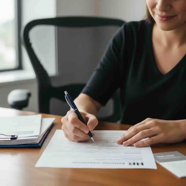 A female completing an exit interview and being fulfilled