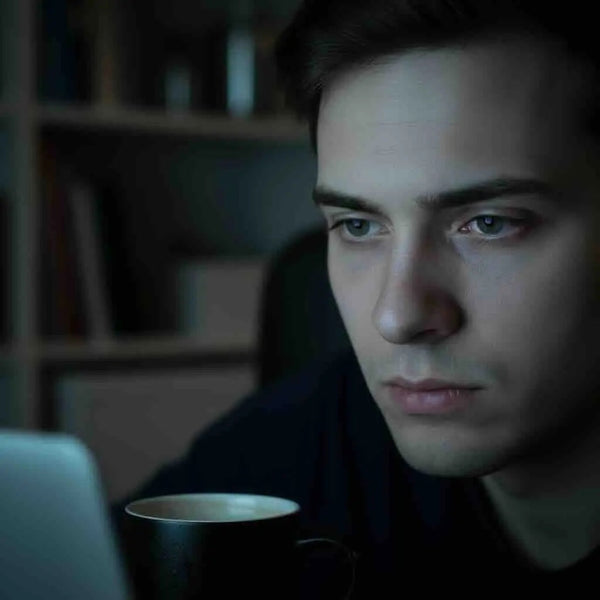 A male at his laptop, contemplating if he should leave his job