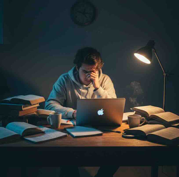 A tired male at the desk learning more about preventing burnout